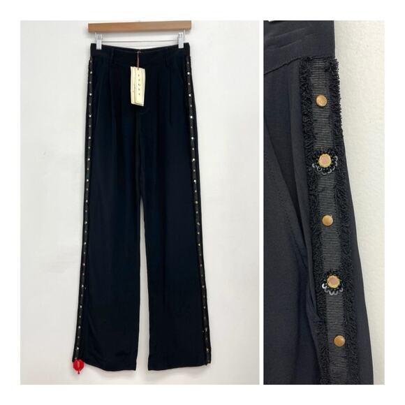 Figue Pants - NWT Figue Hadley Embellished Beaded Pleated Drapey Straight Leg Trousers Size 2